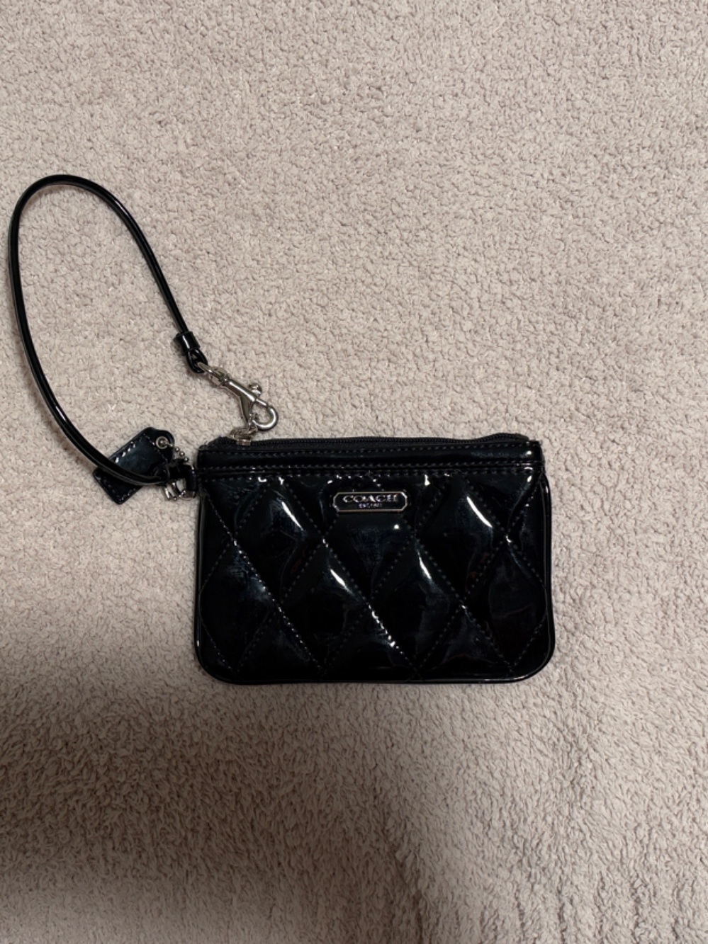 Coach Black Quilted Patent Wristlet Card Holder with Strap